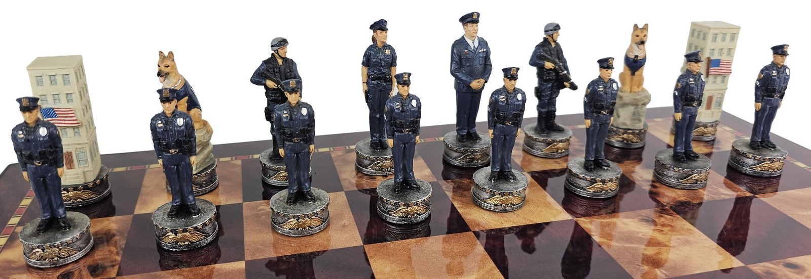 Police vs Firefighter First Responders Chess Men Set Cherry Color Storage Board