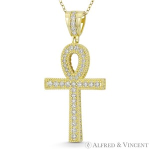 Authentic Ankh Cross Key-of-Life CZ .925 Sterling Silver 14k Gold-Plated Egyptian Pendant