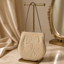 Vintage Paris Charlet Bag New York white seed bead evening purse. 1950's.