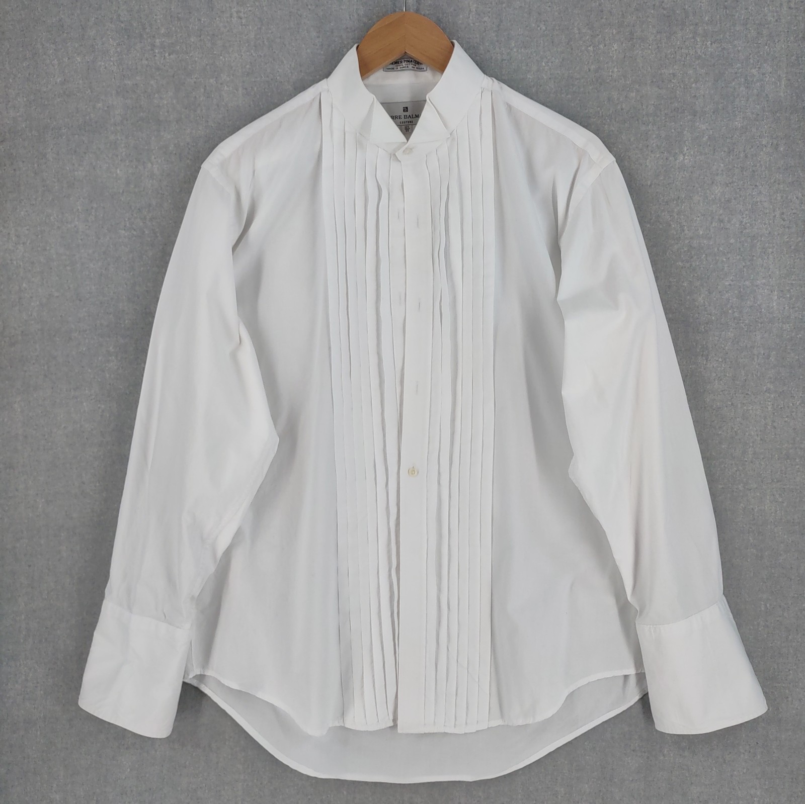 Vintage Balmain Men's 16.5 33 White Plisse Tuxedo Shirt with French Cuffs