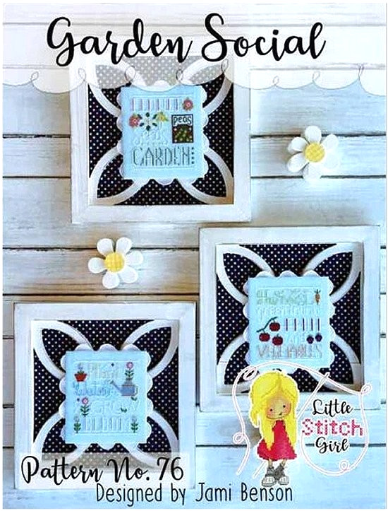 Little Stitch Girl GARDEN SOCIAL 3 Cross Stitch Charts Leaflet Only samplers