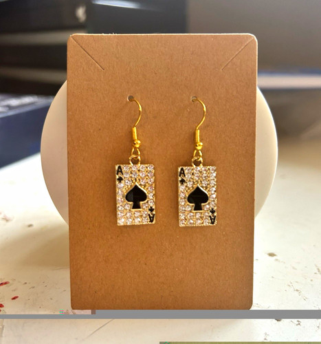 Gold Tone Rhinestone Ace of Spades Playing Card Dangle Earrings, Hook Closure