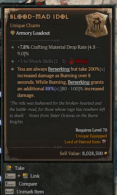 DIABLO 4 SEASON 13 BLOOD-MAD IDOL CHARM GA +3 SHOCK-88%