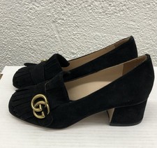 Gucci Suede GG Marmont Pumps Shoes 8 US 38 EU Black Fringe Heels Bag Runway BB15