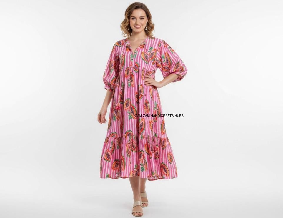 Block Floral Print Cotton Dress, Summer Dress, Midi Dress, Women Dress
