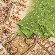 Sanskriti Vintage Sarees Indian Green Printed Pure Silk Sari 5 Yd Craft Fabric