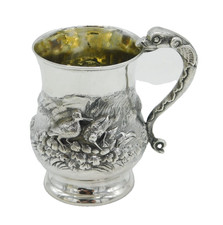 George III Sterling Silver Chased Dog, Snipe & Bird Christening Mug Antique