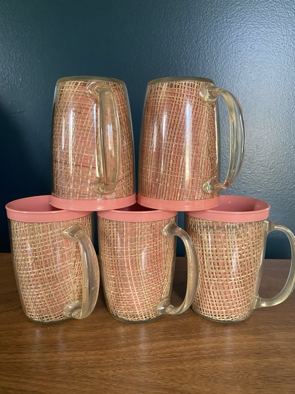 MCM SALMON/PINK TIKI  5 Raffia Insulated Mug Woven Burlap Cup Rattan Wicker