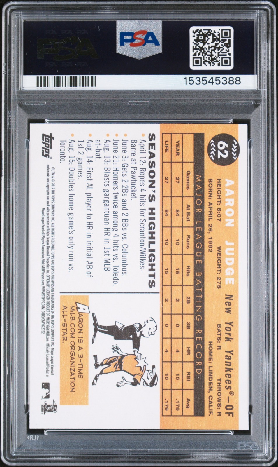 2017 Topps Archives Aaron Judge #62 Rookie Card PSA 9 MINT view 2