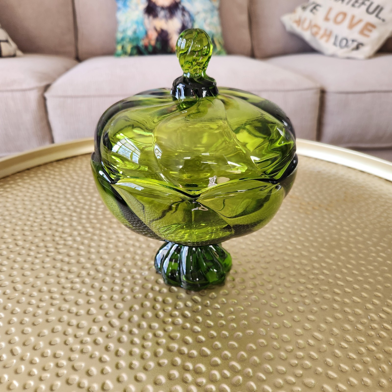 Viking Glass Avocado Green Epic Twist Pedestal Compote Candy Dish 8”h x 6.5”READ