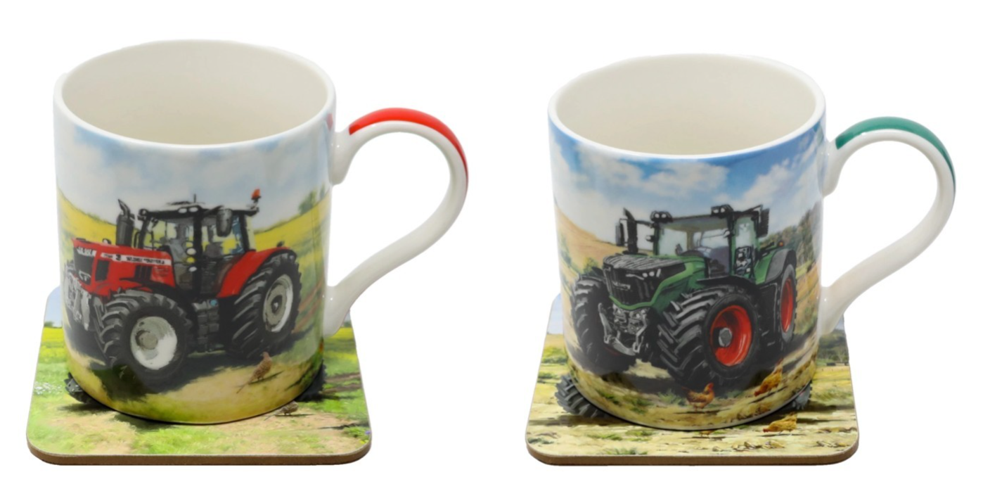 2 TRACTOR MUGS  + COASTER Fendt + Massey Ferguson Style China Mug Set
