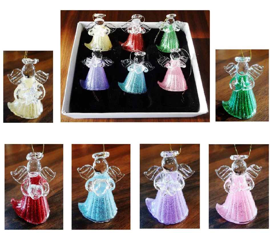 Set Of 6 Glass Angels Christmas Tree Hanging Hand Made Decorations Boxed H4.5cm