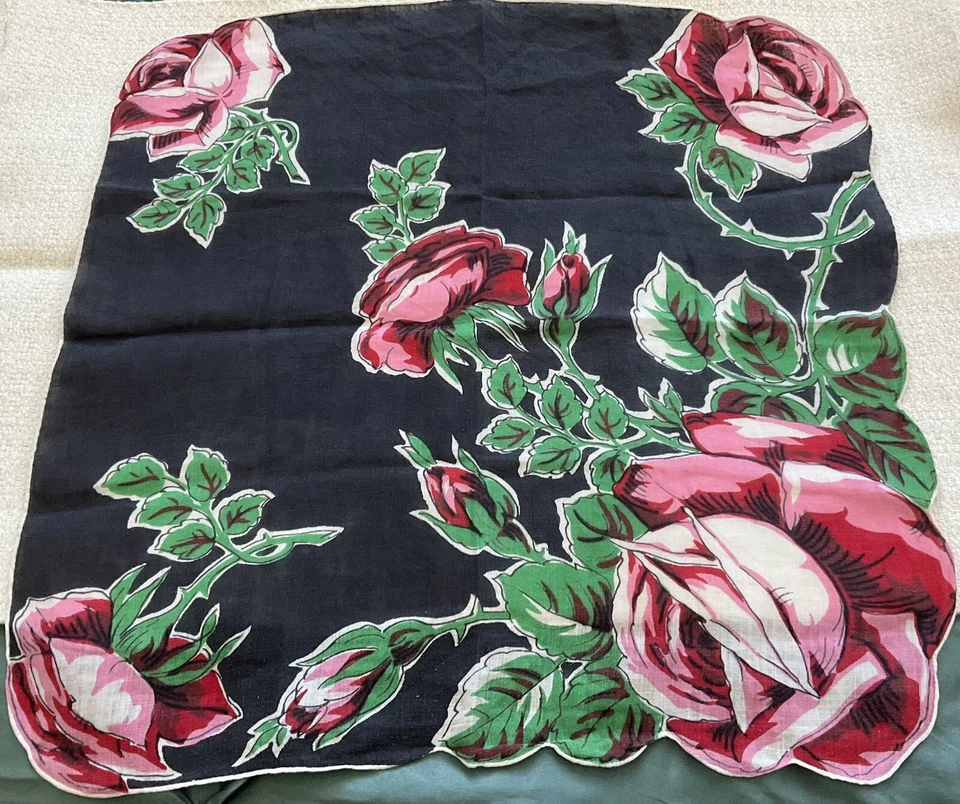 复古花卉玫瑰粉色/绿色手帕手卷时尚亚麻 B Monogram — 第 3/4 张图片