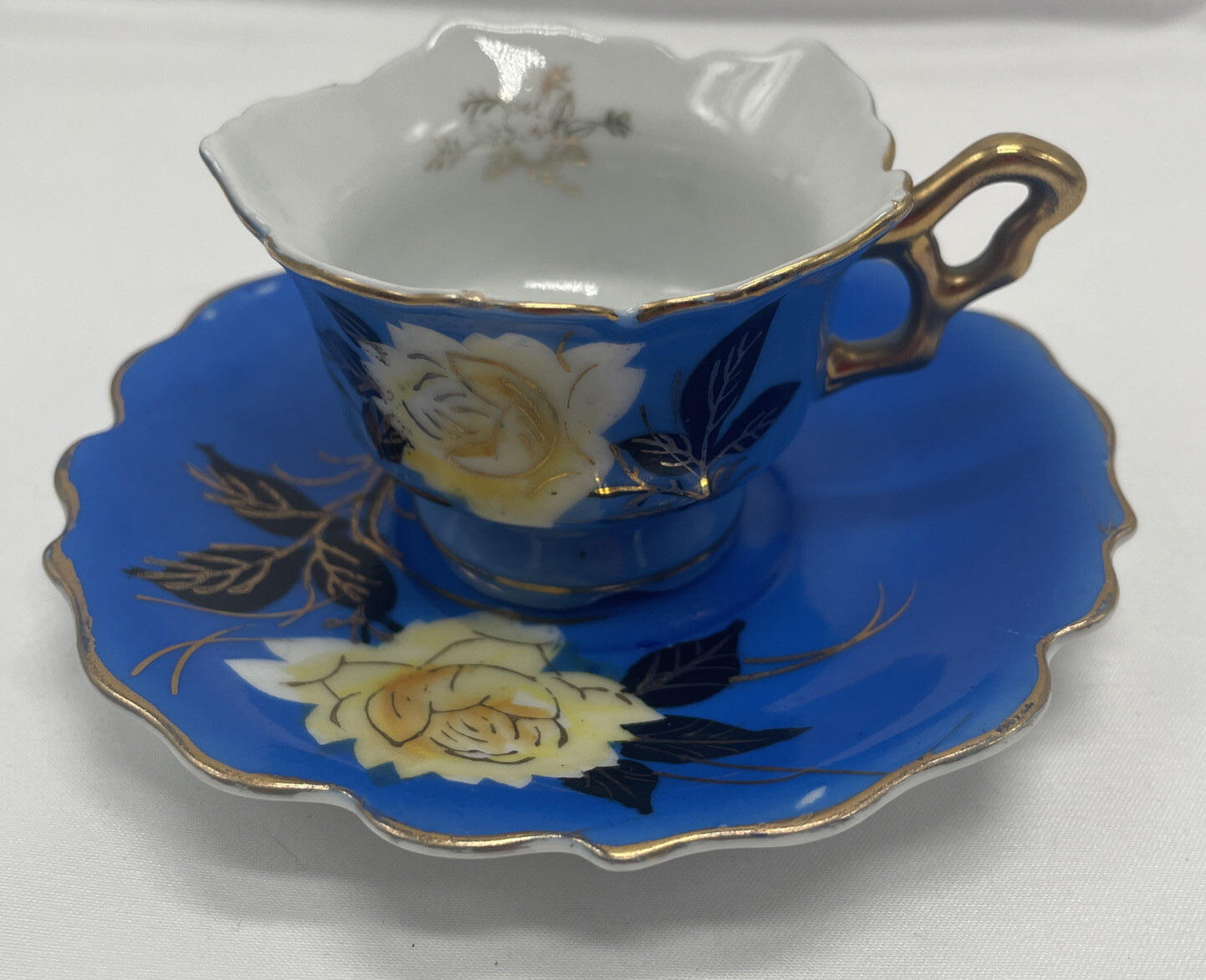 Vtg Blue Mini Tea Cup Demitasse Saucer Yellow Flower Red Letter Japan