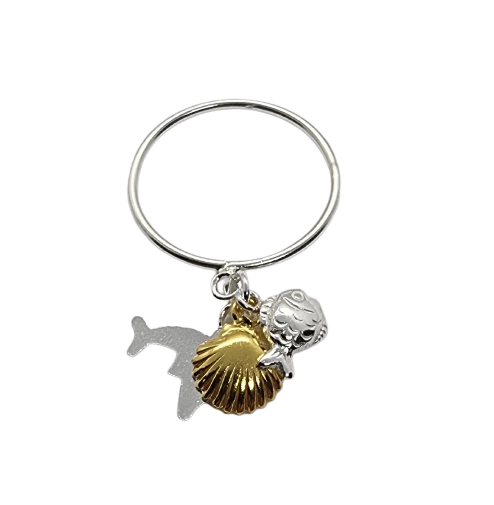 Anello da donna argento 925 con charms delfino conchiglia dorata pesciolino per - Immagine 2 di 4
