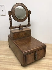 Antique Burl Wood Shaving Stand w/ Drawer & Swivel Mirror 16.5"x9.5"