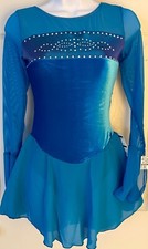 GK FIGURE SKATE ADULT SMALL LgSLV TURQUOISE VELVET MESH YOKE FOIL JA DRESS AS