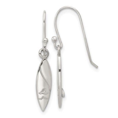 27.4mm Sterling Silver Polished Pointed Oval Wave Shephard Hook Dangle Earrings