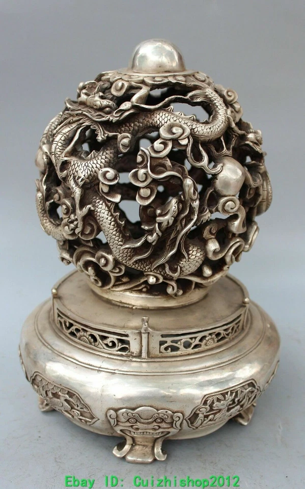 14-дюймовый вращающийся шар из китайского серебра с животным 9 драконом фениксом килином оленем фэншуй - Изображение 4 из 4