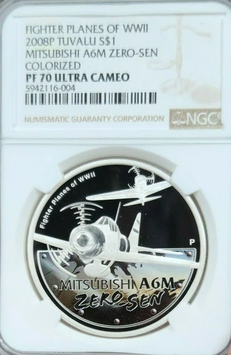 2008 TUVALU SILVER 1 DOLLAR WWII MITSUBISHI A6M ZERO-SEN NGC PF 70 ULTRA CAMEO