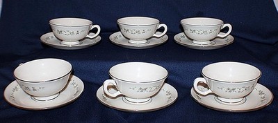 SET OF 6 LENOX CHINA BROOKDALE FLORAL PATTERN CUP AND SAUCER PLATINUM RIM