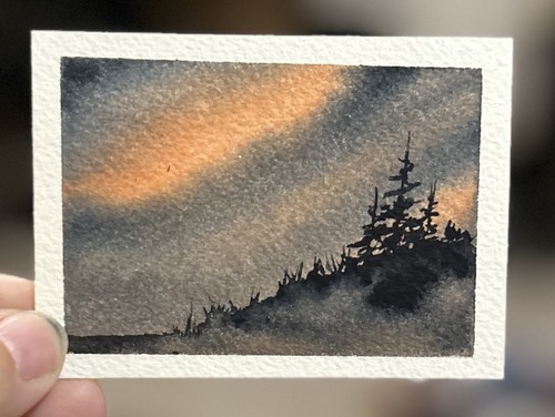 ACEO Northern Lights Landscape original watercolor painting by Sasha Lehto