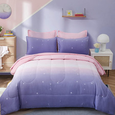 Girls Women Comforter Set King Size Ombre Pink Purple Rainbow Bedding Set 7 Piec
