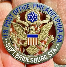Vintage US POST OFFICE Badge Philadelphia BRIDESBURG STATION Railroad RR Pin PRR