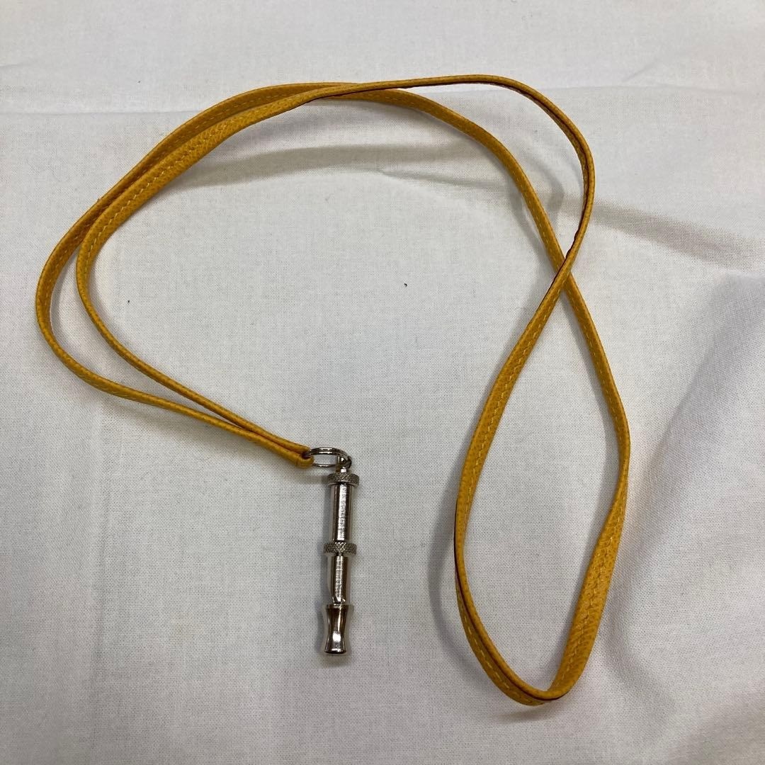 HERMES Chiffre Dog Whistle Metal Leather Necklace Cord Yellow with Box & Manual