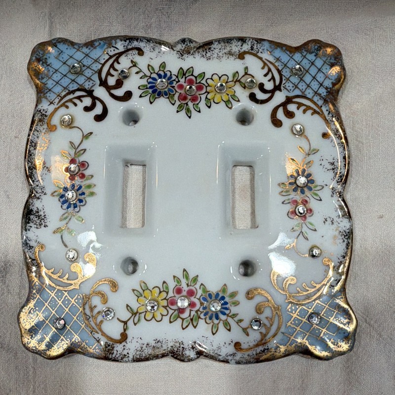 Vintage Lefton Floral Porcelain Double Light Switch Plate Cover Hand Painted
