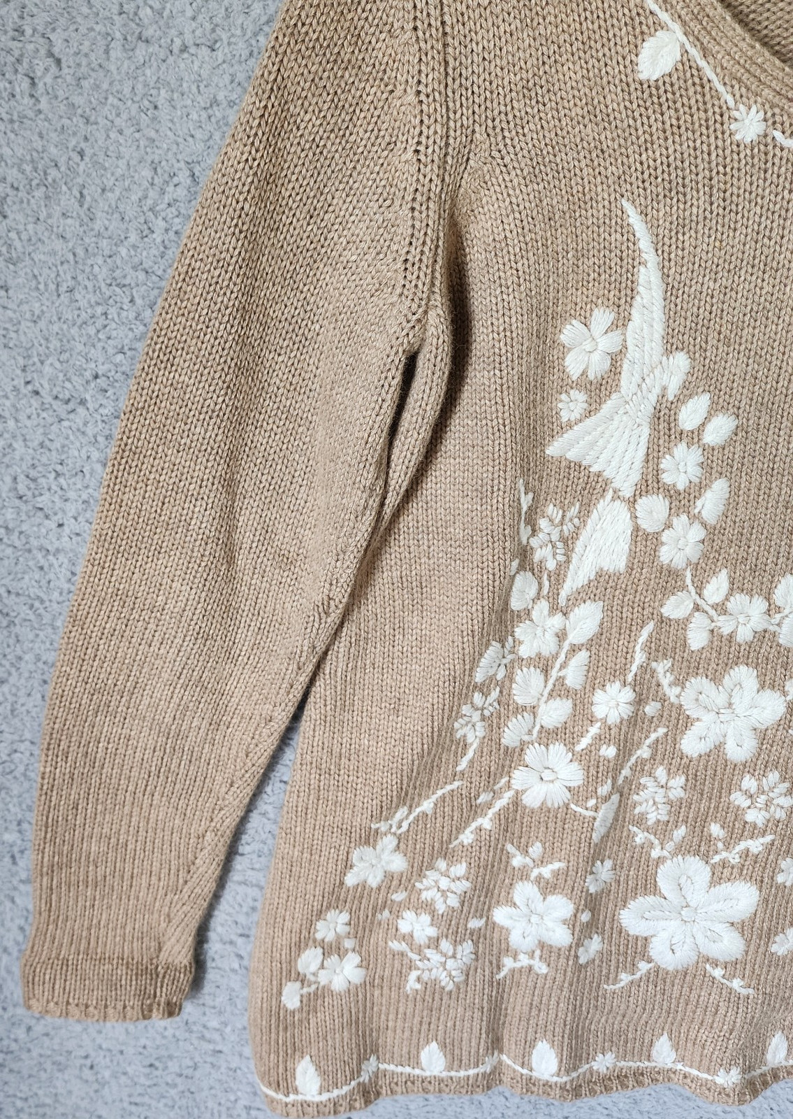 Soft Surroundings Women's M L/S Knit Sweater Embroidered Floral Boho Beige/White