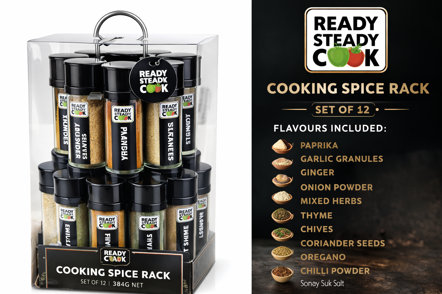 COOKING SPICE RACK STAND WITH 12 STORAGE JARS - INCLUDING SPICES & HERBS