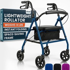 Vive Ultra Lightweight Rollator Walker with Seat - Foldable, Black Seat, Blue