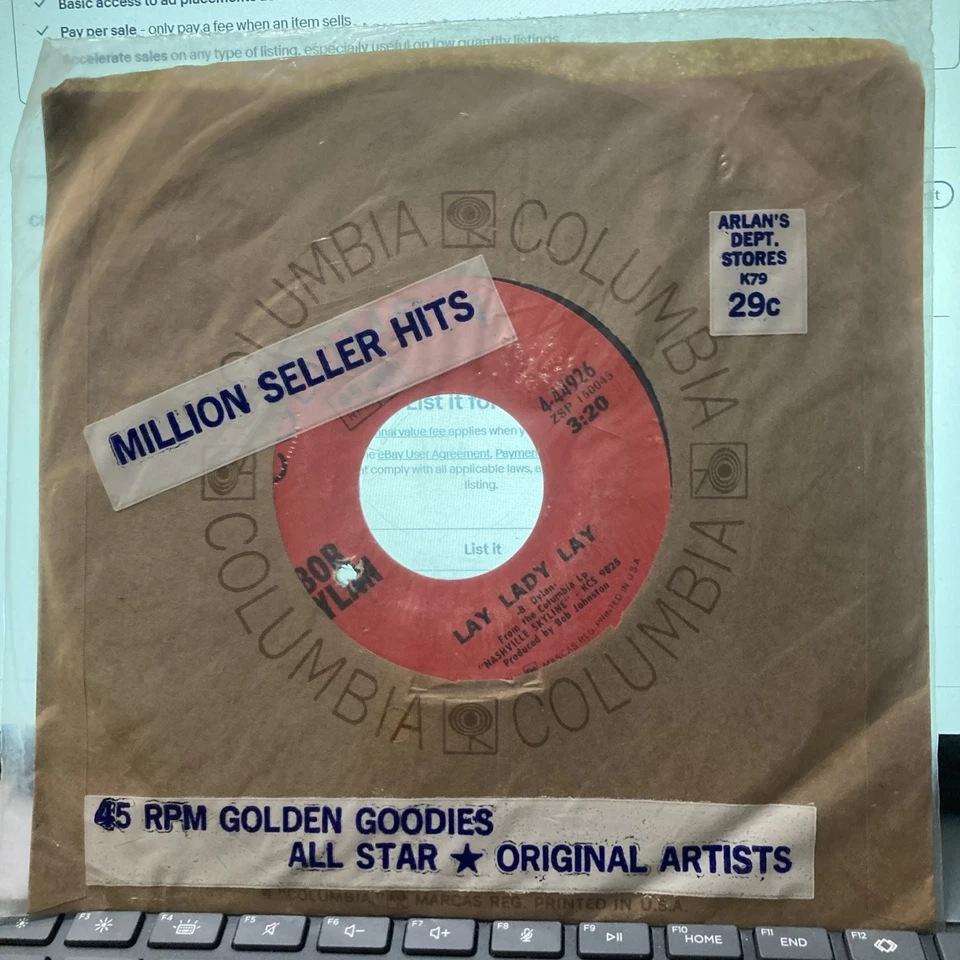 bob dylan sealed 45 rpm lay lady lay/peggy day-fr.1969 mint never played - Image 2 of 4