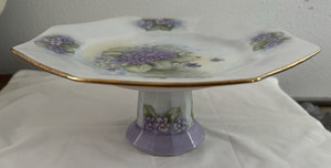 Vtg Hand Painted Cake Pedestal Stand Bouquet of Violets & Lily of the Valley