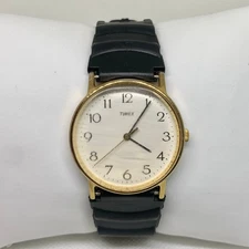 Vintage timex gold tone watch quartz analog 32mm black plastic band running