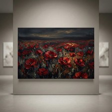 Dramatic Red Poppy Field Canvas Wall Art Sunset Floral Painting Home Decor