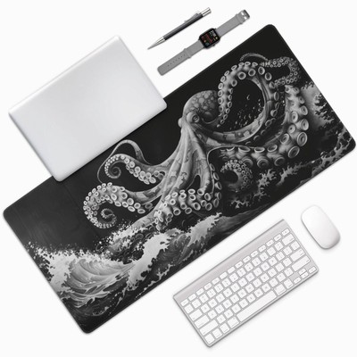 Black White Waves and Octopus Mousepad Extended Large Gaming Mouse Pad XXL Ov...