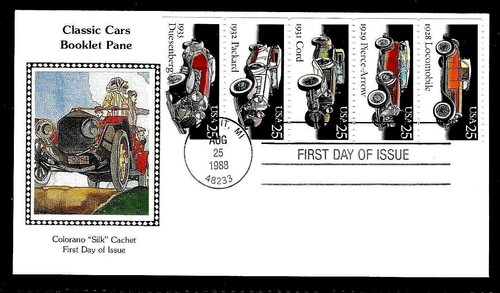 2385A 25c Stamps (Booklet) (1988) CLASSIC CARS FDC - COLORANO SILK CACHETS !! - 第 1/1 張圖片