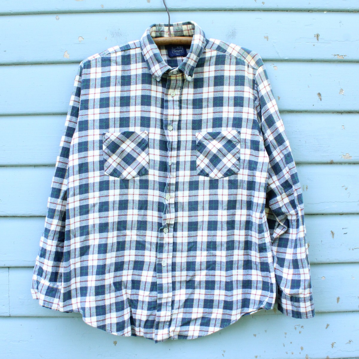 Vintage 80s Sears Cotton Flannel Plaid Shirt Large Tall | eBay