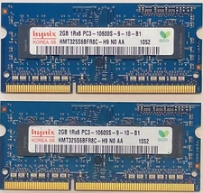 TWO Hynix 2GB Rx8 PC3 10600S 9 10 B1 DDR3 Laptop Memory RAM Modules Works Great