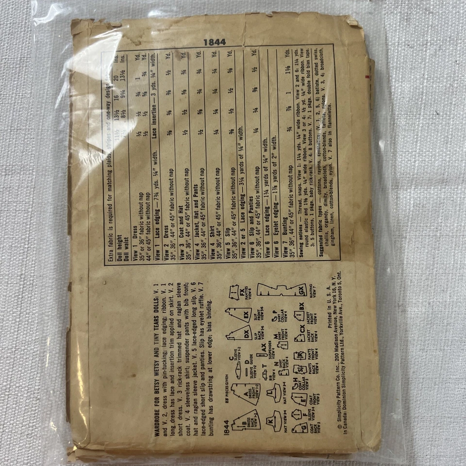 Simplicity Patterns 1844 Doll Wardrobe 13.5” Vintage - Image 2 of 4