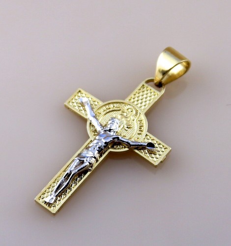 Cross Pendant in 14k Two Tone Gold Size 1.60" w/ Bail - Picture 3 of 6