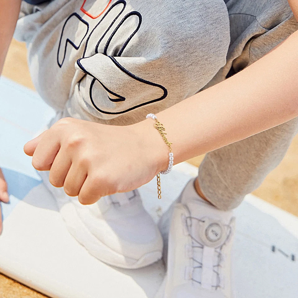 VNOX Pulsera Personalizada Nombre Bebé Blanco Perla Imitación Niños Niño Niña Regalo Foto 4 de 4