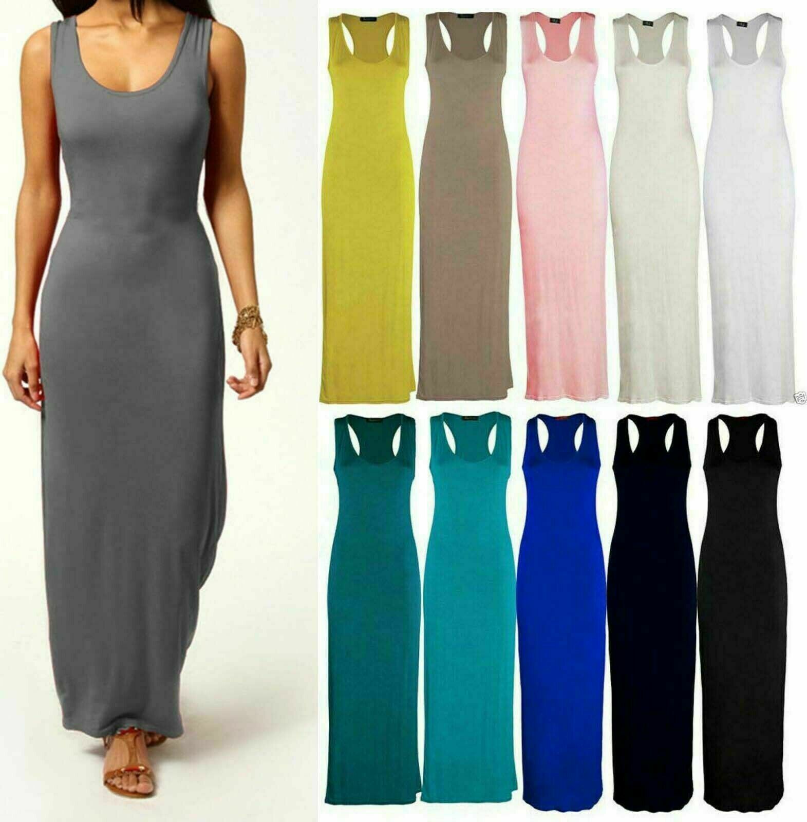 Mujeres Damas Maxi Vestido Largo Liso Corredor Músculo Espalda Chaleco Elastizado Jersey 8-26