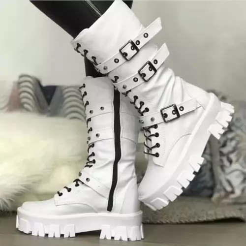 Stivali punk donna tacco a spillo metà polpaccio stivali gotici scarpe stringate zip plateau taglia - Foto 18 di 40