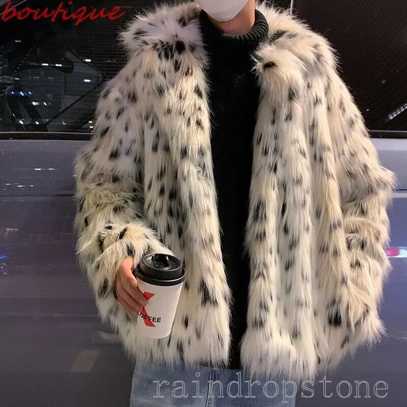 Men Faux Fur Coat Korean Loose Fit Casual Warm Jacket Stand Collar