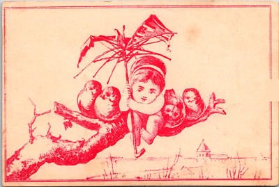Girl wih Broken Umbrella Sits on Branch with Birds Victorian Trade Card