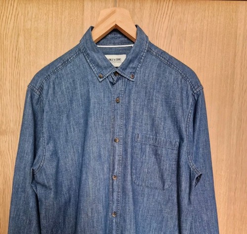 Only & Sons Tico Denim Style Shirt Blue Mens Large Pocket Long Sleeve