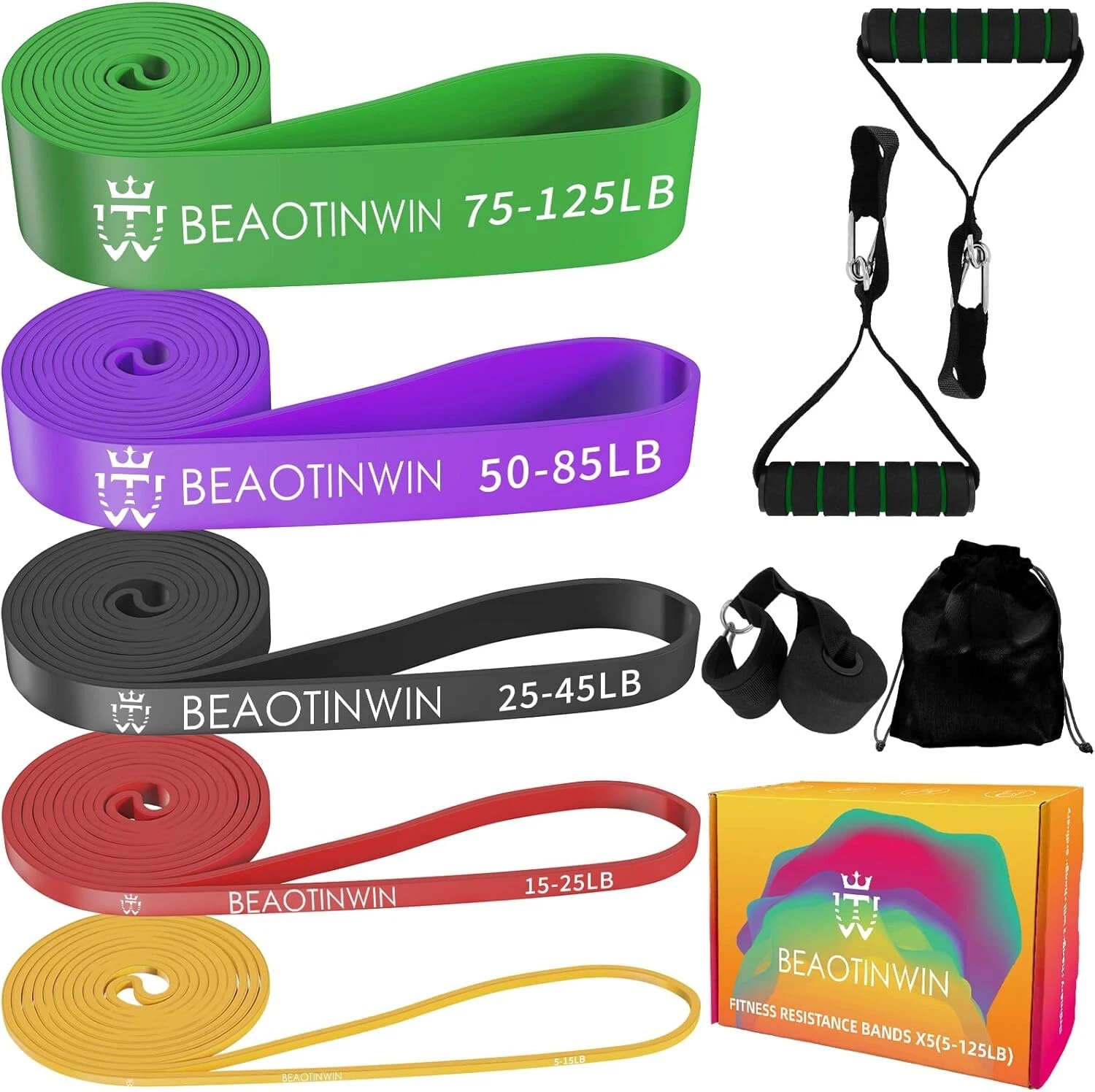 Resistance Bands, 5 Levels Exercise Band, Pull Up Bands Set with Handles& Anchor